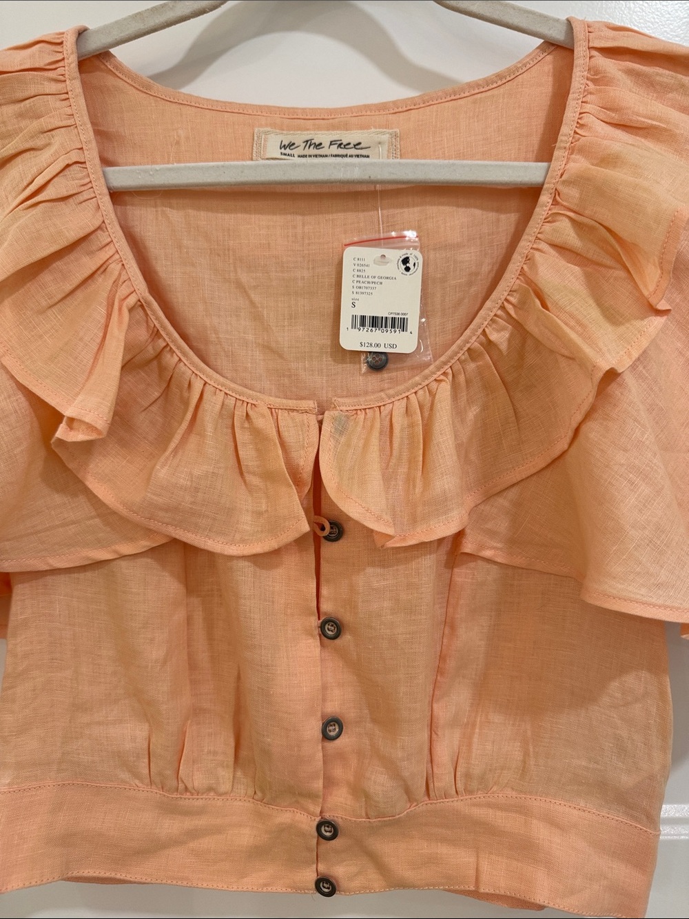 We The Free Peach Ruffle-Front Button Down Blouse